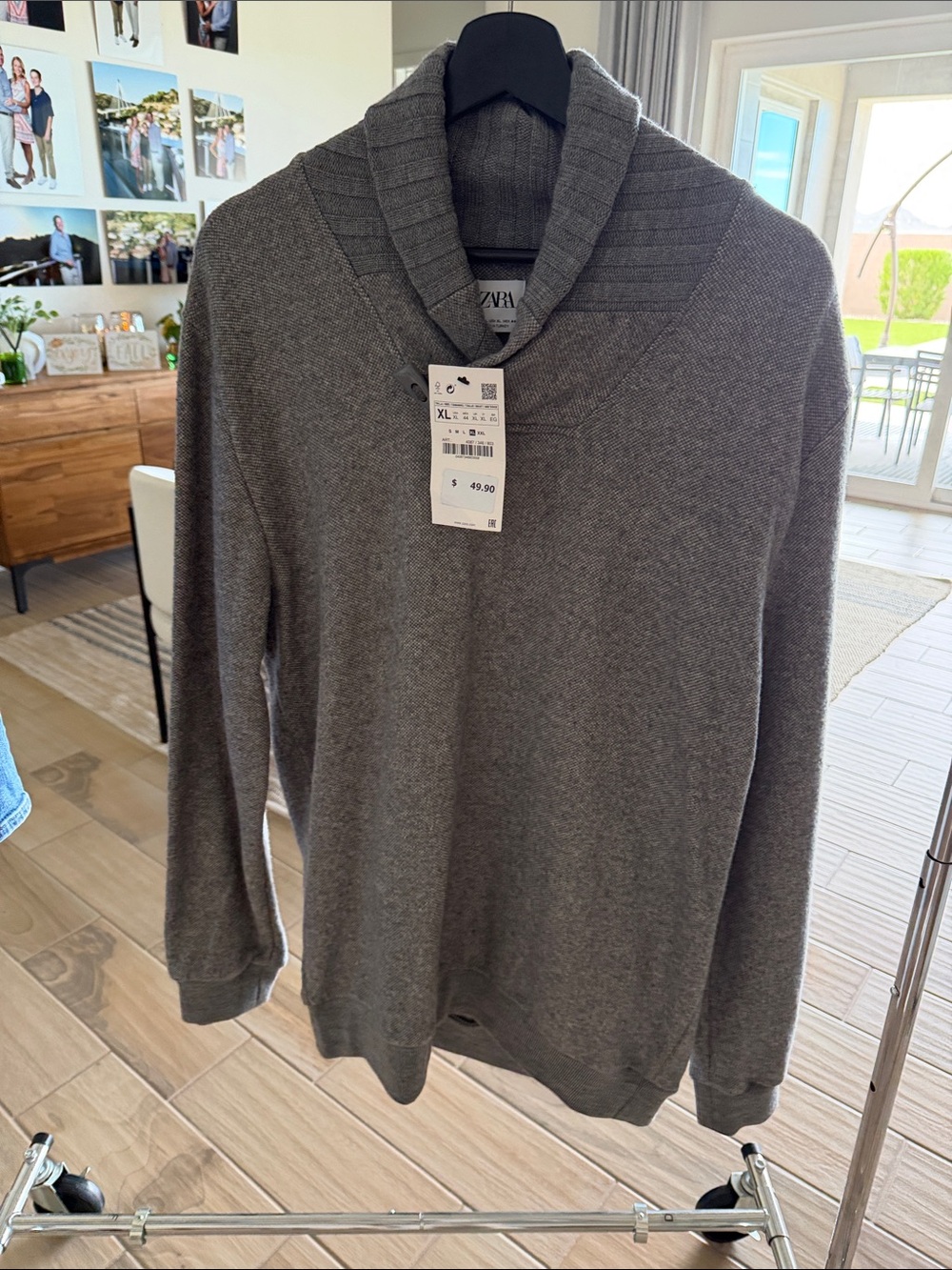 Zara Men Shawl Collar V-Neck Sweater - Gray